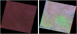 Left: 1-2-3 band combination, no contrast enchancement; right: 5-4-3 band combination, stretch to min-max contrast enchancement