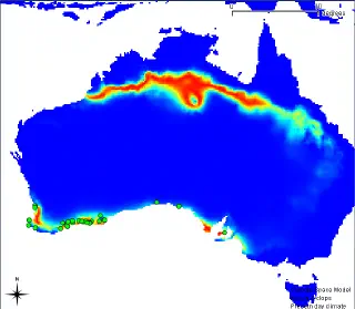 Suitable regions for Acacia cyclops in Australia
