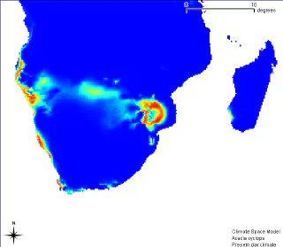 Suitable regions for Acacia cyclops in Southern Africa region