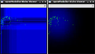 Models produced with SVM (left) and MaxEnt (right) models in om_niche