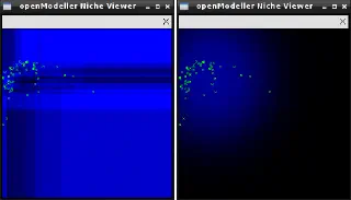 Models produced with SVM (left) and MaxEnt (right) models in om_niche