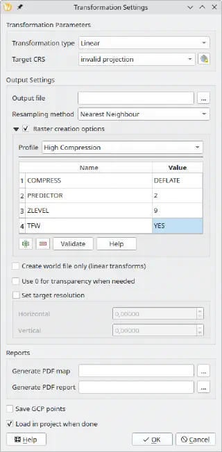Raster creation options in the QGIS georeferencer