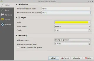 Settings for exporting point layers